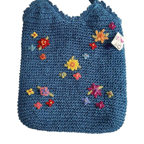 St. John's Bay NWT Y2K Vintage Blue Straw Look Tote Bag Floral Embroidery - Picture 3 of 9